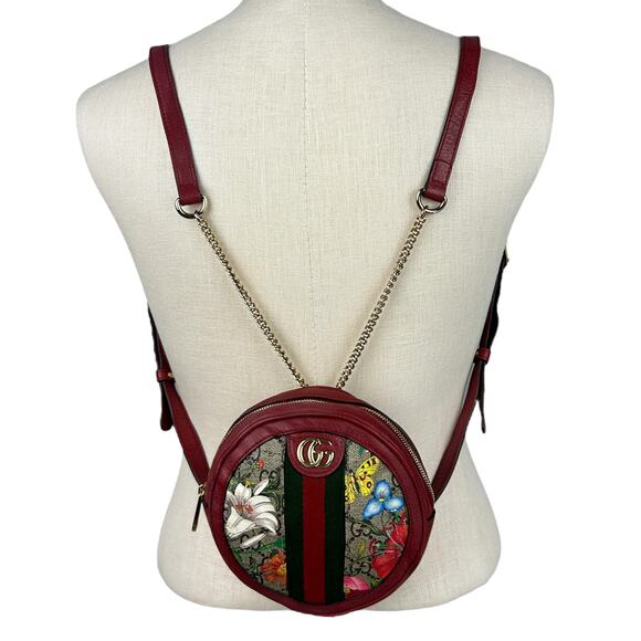 Guaranteed Authentic Gucci Red Ophidia Supreme GG Canvas Floral Round Backpack - Picture 1 of 13